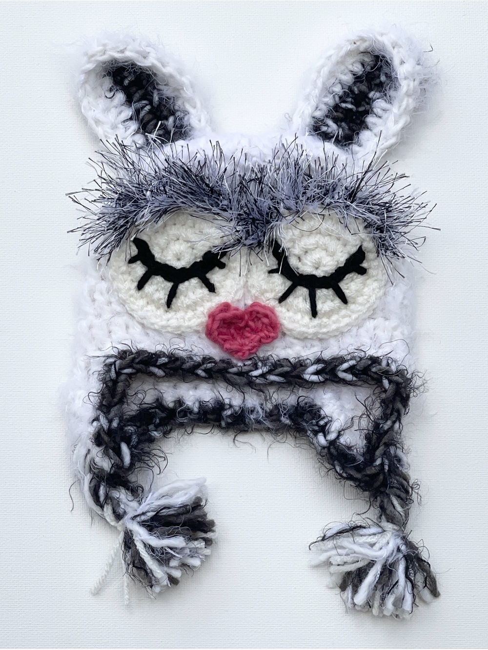 Handmade Baby Bunny Animal Earflap Hat – White & Gray Fuzzy Newborn Hat - Picture 2 of 5